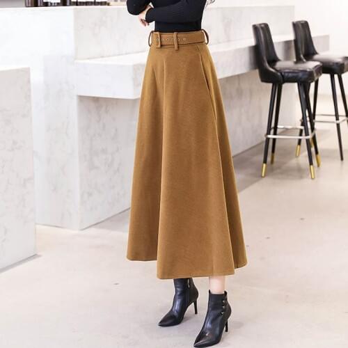 NORMOV 2019 Fashion Winter Womens Wool Skirts With Belt Solid Color Vintage Woolen Skirt Female Streetwear Casual Long 4 Color