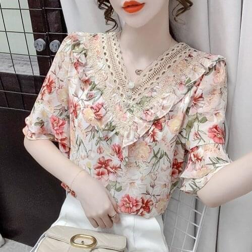 2021 summer new style lace V-neck floral chiffon shirt Korean version of all-match ruffled thin blouse women