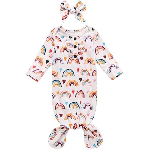 Pudcoco Infant Baby Cozy Soft Sleeping Bags with Headband Rainbow Print Round Neck Long Sleeve Sleepwear + Headdress 0-12 Months