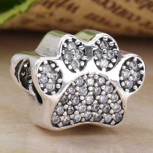 Original 925 Cute Bears Paw With Crystal Beads Fit Sterling Silver Bead Charm Pandora Bracelet Bangle DIY Jewelry