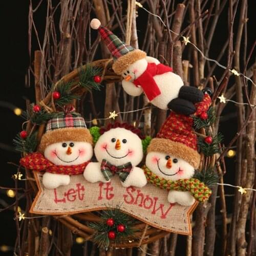 Holiday Hanging Pendant Ornaments Rattan Christmas Wreath With Plush Doll Front Door Garland Home Kitchen Wall Window Decoration
