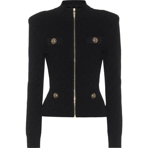 S-XL High Quality 2021 New Fashion Knitted Stand Collar Zipper Long Sleeve Pocket Button Black White Casual Woman Jacket Coat