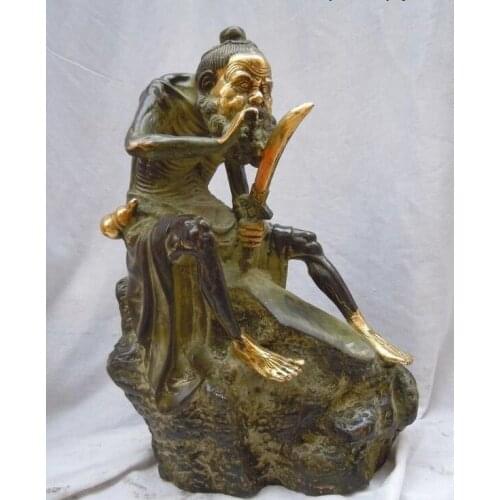 12" China copper bronze gild carved Sharpen a knife elder Sculpture Statue