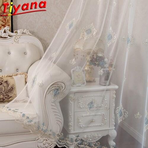 Ice Blue Noble Elegance Embroidered Tulle Curtains for Living Room European Geometry Sheer Drapes for Kitchen Balcony X-HM387#30