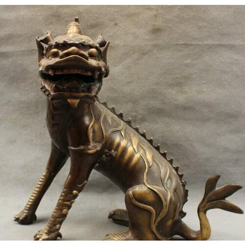 USPS to USA S1855 16" Folk Chinese Pure Bronze Guard Dragon Unicorn Wealth Fu Lion Kylin Statues