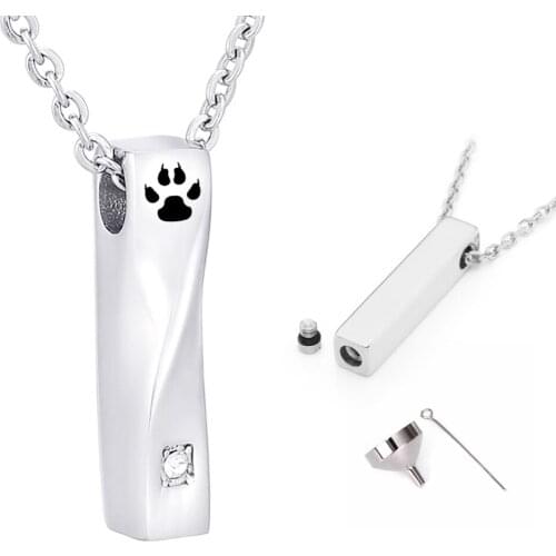Vertical Bar Urn Necklace for Ashes Stainless Steel Pet Paw Keepsake Urn Pendant Irregular Memorial Cremation Jewelry
