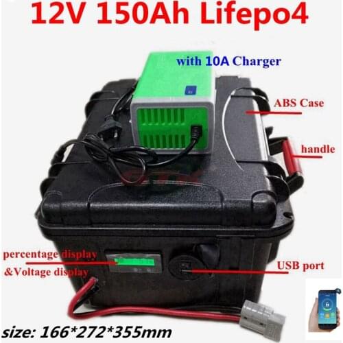 Waterproof 12V 150Ah Lifepo4 lithium battery With BMS for Rubber boat propeller trolling motor back up power supply +10A Charger