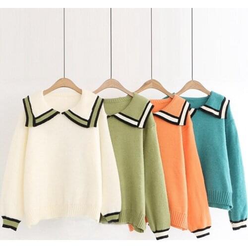 Knitted sweater women fashion sweet college style navy collar 4-color pullover striped