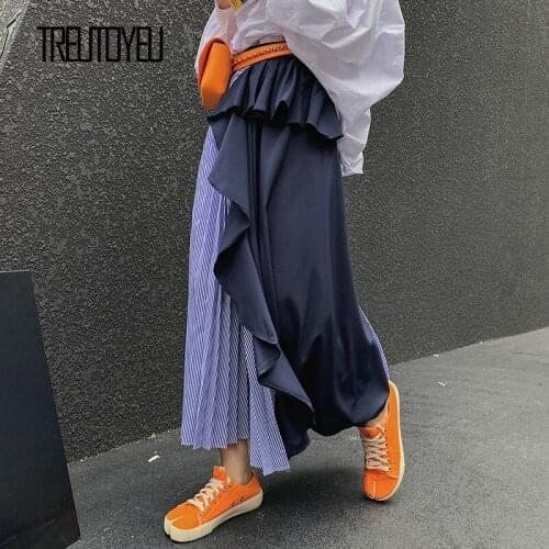 Treutoyeu Design Ins Fashion High Waist A Line Asymmetrical Skirts Womens Harajuku Striped Ruffles Maxi Long Skirt