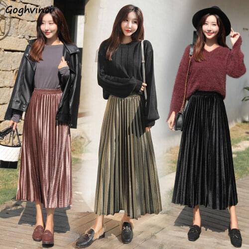 Women Skirts Plus Size 3XL High Waist Midi Pleated Vintage Solid Elastic Retro Skirt Pleuche Elegant Casual Elegant Ulzzang New