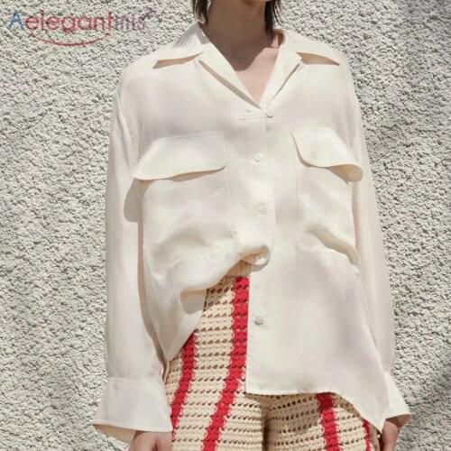 Aelegantmis Solid Thin Split Loose Blouses for Women Casual Long Sleeve Single Breasted Shirts Vintage Summer Chic Design Blouse