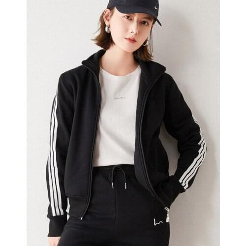 Women Long Sleeve Zip-Up Oversized Hoodie Jacket Solid Color Stripe Korean Version Loose Sweatshirt Female Coat