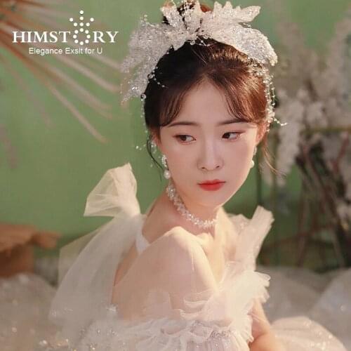 Himstory Korean Handmade Glitter Flower Brides Hairpins Bridal Hairbands Wedding Headband Hair Accessory Prom Head Wear