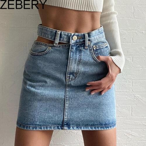 ZEBERY Hollow Out Women Jeans Skirts Sheath Zip Button Denim Skirt 2020 Summer Female Skirts Sweetwear High Wait Mini Skirts