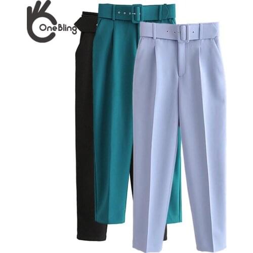 OneBling 2021 Za Pants Women Trousers Office Lady Straight Elegant Career Casual Female Ankle Trousers Chic Blazer Set With Belt