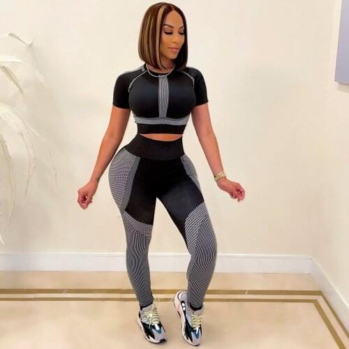 Woman Fitenss Two Piece Sporty Suits Active Wear Short Sleeve Bandage T-shirt and Stretchy Skinny Legging Hipster Club Outfit