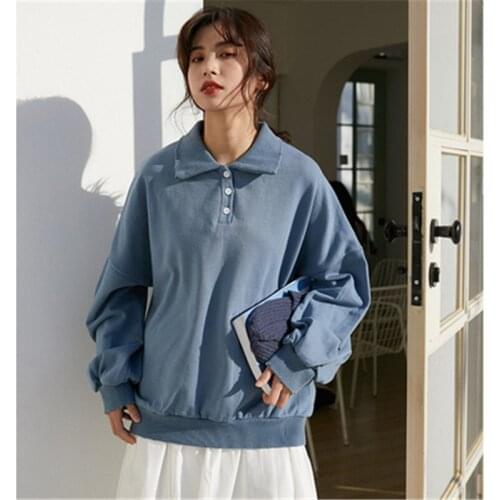 Womens Sweatshirt Autumn 2020 Korean BF Polo Collar Solid Long Sleeve Loose Sweatshirts Preppy Style Pullover Outwear