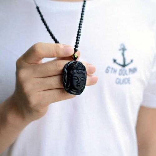 Natural Obsidian Pendant Amitabha Head Pendant Necklace