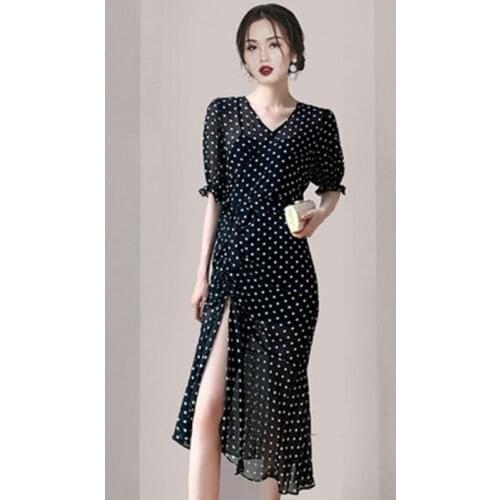 ZAWFL Women Dress 2021 Summer New Style Dot V-neck Bubble Sleeve Temperament Fish Tail Medium Long Dress