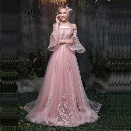 Its Yiiya Pink Flowers Floral Illusion Print Lace Up A-line Elegant Evening Dresses Floor Length Party Gown Evening Gowns LX032