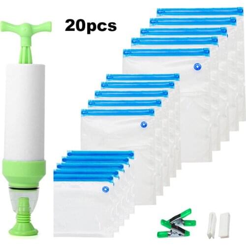 20Pcs Reusable Vacuum Food Storage Bags with Hand Pump Sealing Clips Zip Lock Bag Food Packaging Container Freezer Sealing Bags