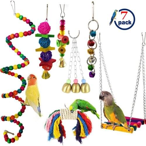 7Pcs Pet Bird Parrot Bite Toys Set Swing Claw ball Bell string Hanging Toys