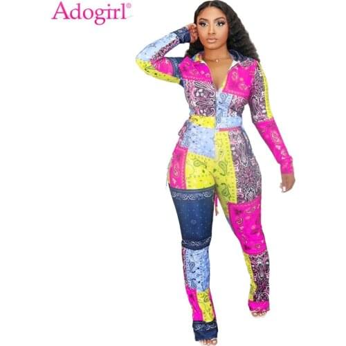 Adogirl Bandana Print Color Patchwork Women Casual Two Piece Set Zipper Long Sleeve Jacket Top Grommet Lace Up Straight Pants