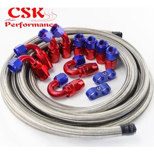 AN10 Stainless Steel /Nylon Braided Oil Line / Hose +Fitting Hose End Adaptor Kit Black/Silver