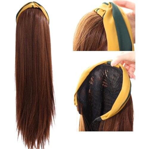 Aobocca Hat Wigs Straight Synthetic Half Head Wigs with Headband Natural Connection Hair Extensions Hairpieces For Women