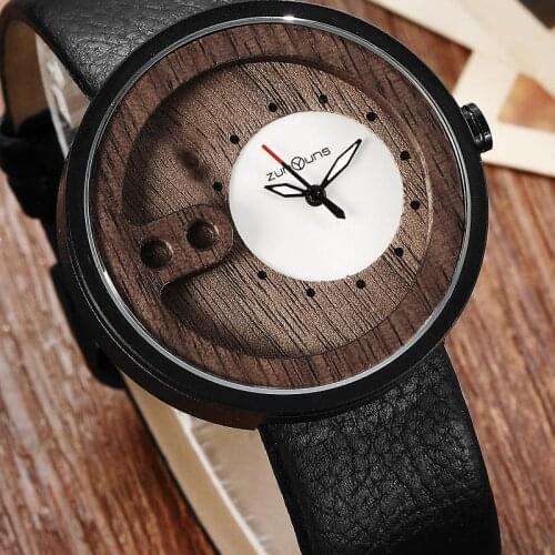 Fashion Unique Exquisite Carving Hollow Design Natural Wood Watch For Male Wooden Leather Band Men Wrist Watch Quartz Clock Men