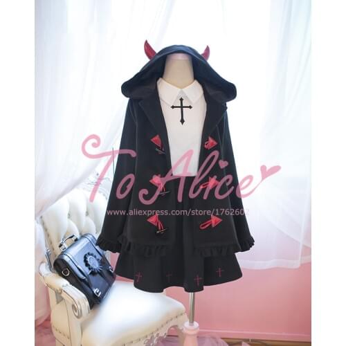 "Devil Girl" Series Gothic Lolita Devil Horn Hat Black Hooded Coat Red Horn Buttons with Devil Tails Super Cute