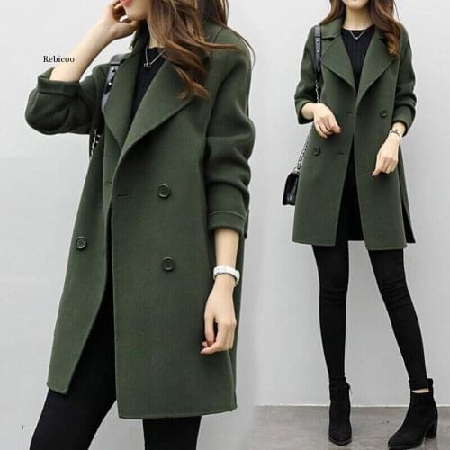 New Women Jacket Autumn Winter Solid Color Lapel Double-Breasted Midi Coat Woolen Outwear Lady Button Jacket