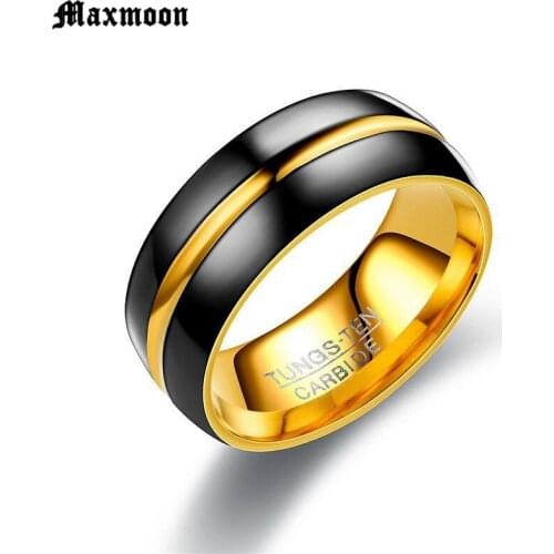Maxmoon Fashion Men Jewelry Ring stainless steel Jewelry Tungsten Ring Mens Black Gold Trendy party metal Rings
