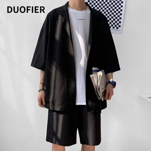 2021 Mens Set Suit Summer Korean Style Casual Short Sleeve Jacket + Shorts Male Trendy Loose Knee-Length Solid Suit Oversize