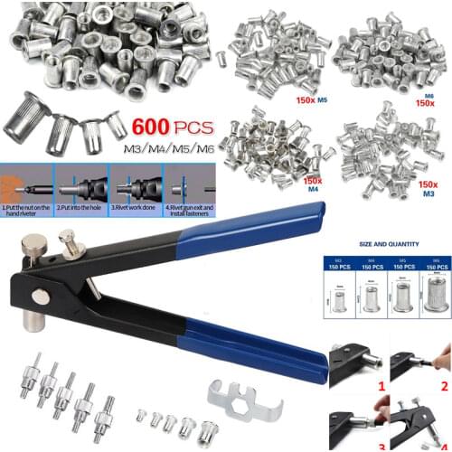 Threaded Rivet Nut Kit Mixed Zinc Plated Carbon Steel Rivet Nut Gun Set M3 M4 M5 M6 M8