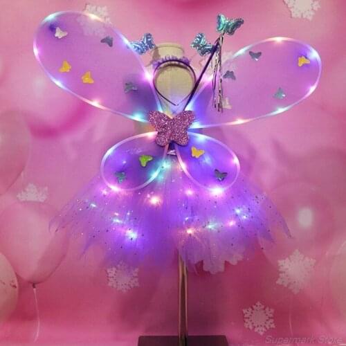 4 Pcs/set New Flashing Wings Tutu Skirt Pettiskirt Glow Headband Fairy Stick Set Women Girls Role-playing Props Holiday Party