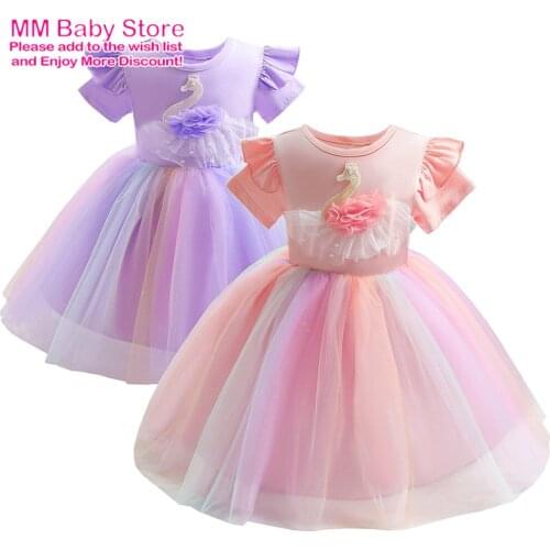 New Summer Baby Girls Swan Decoration Dress Children Party Dress Little Girl Kids Clothes Flying Sleeve Princess Rainbow Dress