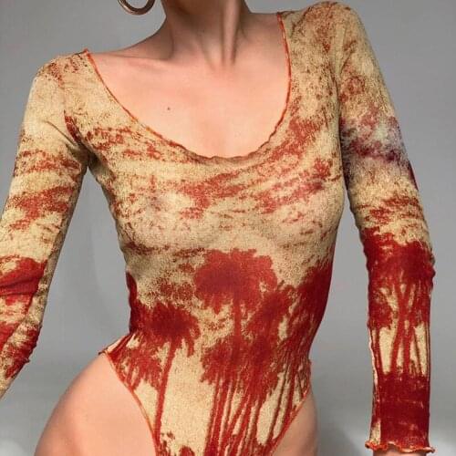 OMJ 2020 Autumn Winter Casual Rompers Womens Jumpsuit Fashion Print Tie Dye Long Sleeve Sexy Sheath Bodysuit Tops Party Clubwear