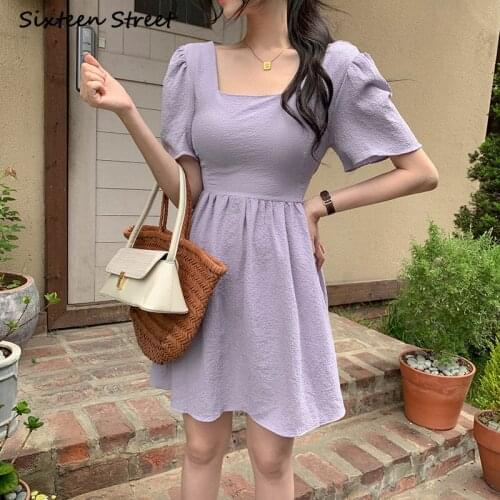 Dresses for Women Sexy Ladies Square Collar Retro Purple Summer Korean Fashion Clothing Y2k Aesthetic Vestido De Mujer New 2021