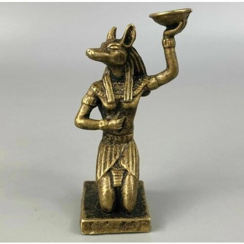 Rare Collectible Chinese Old Antique Brass Handwork Wolf Head God Anubis Statue