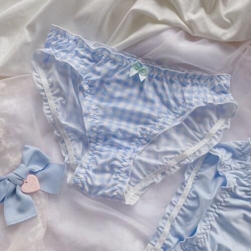Cute Underwear Women Girls Seamless Panties Briefs Plaid Blue Harajuku Kawaii Thong Classic Lolita Panty Womens Underpants New