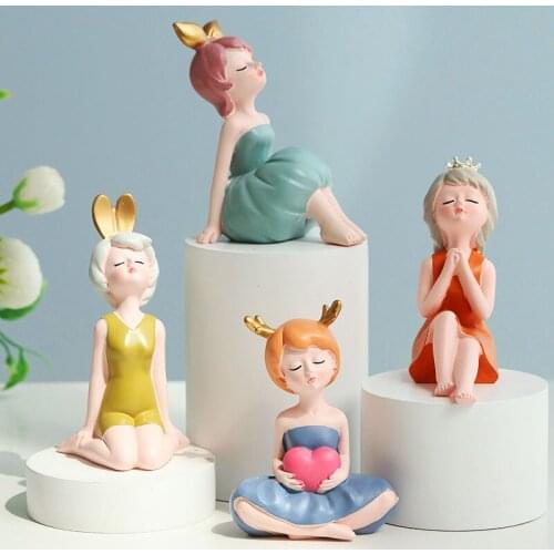 Nordic Resin Cute Girl Sculpture Crafts Fairy Garden Miniatures Ornaments Girl Statue Home Decoration Accessories Birthday Gifts