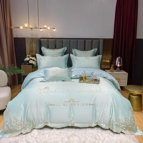 Light Green Washed Silk Cotton Golden Embroidery Duvet Cover Bedspread Sheet Pillowcases Solid Color Bedding Set Home Textile