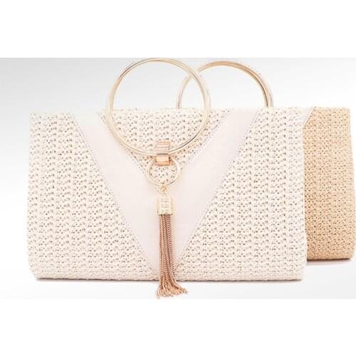 Evening Dinner Handbag Tassel Clutch Bag Straw Crossbody Bag Ring Handle Banquet Handbag Wedding Party Prom Purse