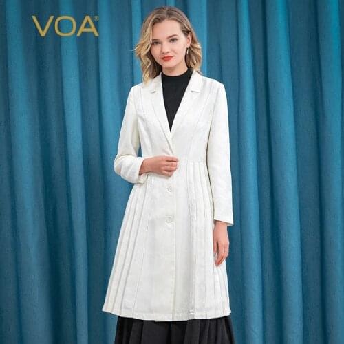 VOA Silk 38m/m White Jacquard Trench Coat for Women Suit Collar Organ Pleat Stitching Three Button Crisp Ladies Windbreaker FE9