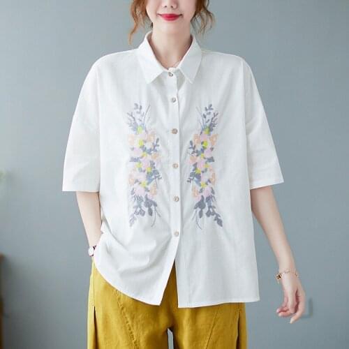 Oversized Women Summer Cotton Casual Shirts New Arrival 2021 Summer Vintage Style Floral Embroidery Loose Female Tops B654