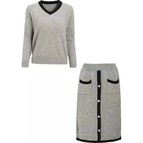 Elegant Knitted 2 Pieces Set Women Pullovers Sweater Crop Tops & Elastic Waist Knitted Skirts Office Lady 2pcs Suits Sets 2020