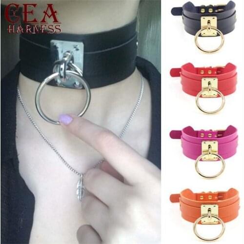 CEA Women Leather Collar Gold O-ring Neck Strap Adjustable Belt Harajuku Goth Sister Neckband Multiple Color Clavicle Chain Belt