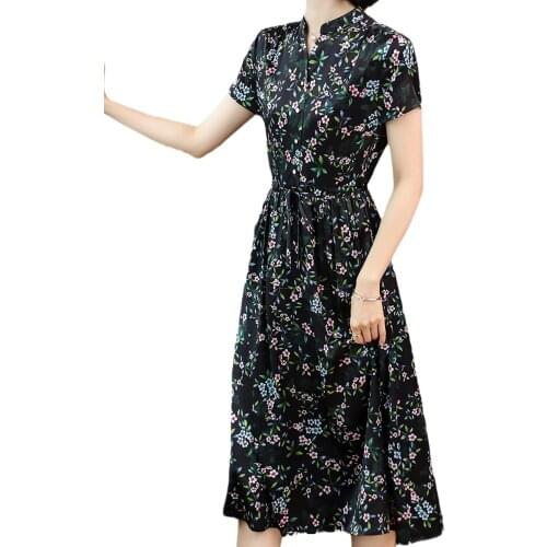 High Quality Black Floral Silk Summer Female Dress for Women Eelgant Mulberry Midi Dress with Sashes 2021 New Design