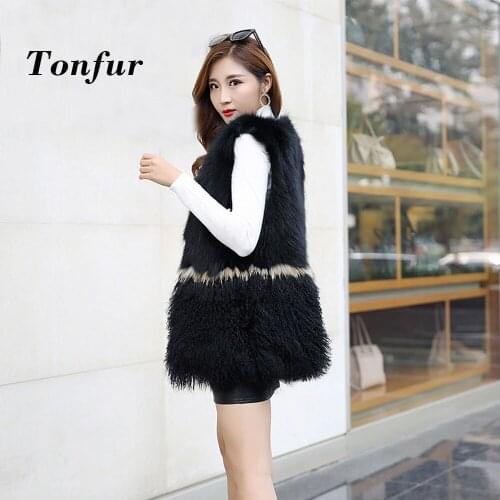 Sleeveless Mixed Patchwork Real Genuine Tan Sheep Fur Vest With Natural Raccoon Fur Gilet Mongolia Sheep Fur Coat tbsr226